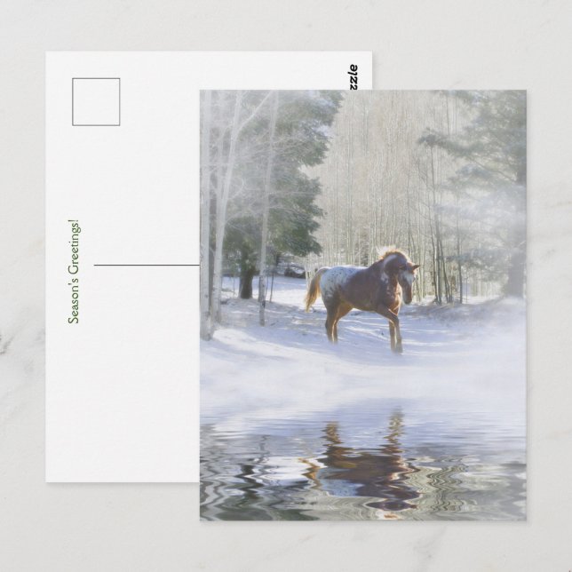 Postal Temporadas de vacaciones saludan a caballo en niev (Anverso / Reverso)