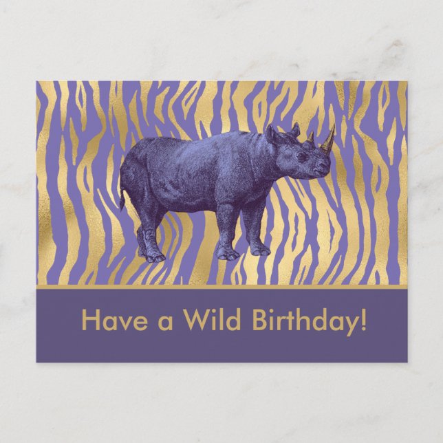 Postal Ten un rinoceronte morado de cumpleaños salvaje (Anverso)