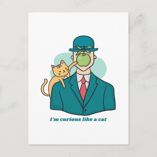 Postal Tengo curiosidad como un gato con una manzana verd (Anverso)