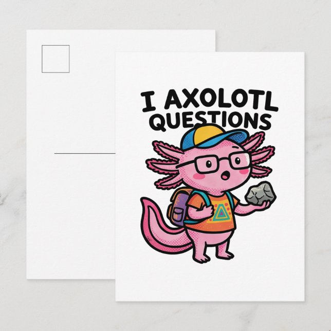 Postal Tengo preguntas de ajolote escolar sostiene curios (Anverso / Reverso)