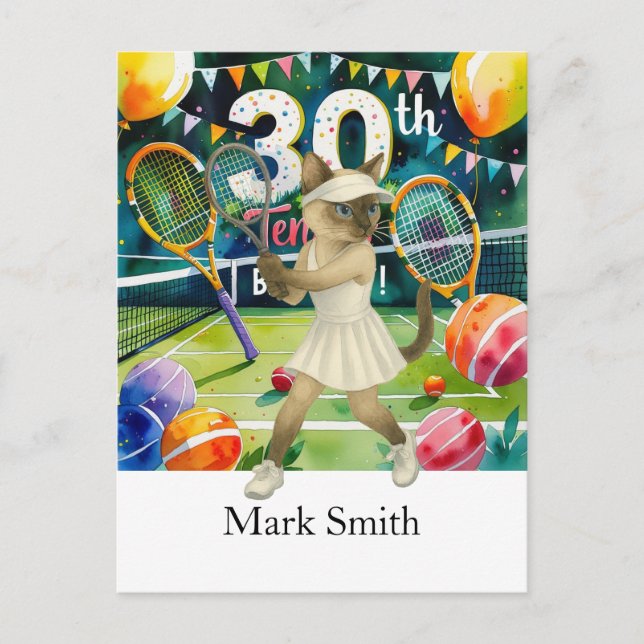 Postal Tenis 30 años para los amantes del gato siamés (Anverso)