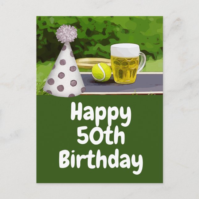 Postal Tenis 50 cumpleaños con bola y cerveza (Anverso)