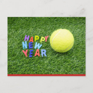 Postal Tenis feliz Año Nuevo y pelota de tenis