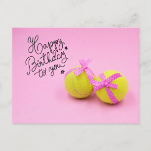 Postal Tenis Feliz cumpleaños con bola y raqueta rosa