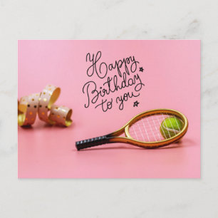 Postal Tenis Feliz cumpleaños con bola y raqueta rosada P