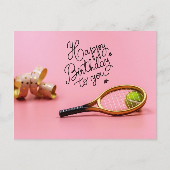 Postal Tenis Feliz cumpleaños con bola y raqueta rosada P (Anverso)