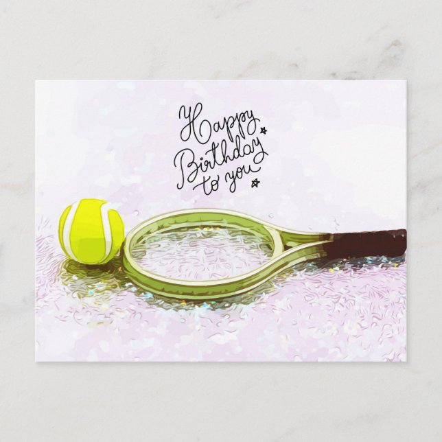 Postal Tenis Feliz cumpleaños con pelota y raqueta  (Anverso)