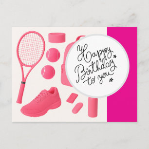 Postal Tenis Feliz Cumpleaños con pelota y raqueta rosa