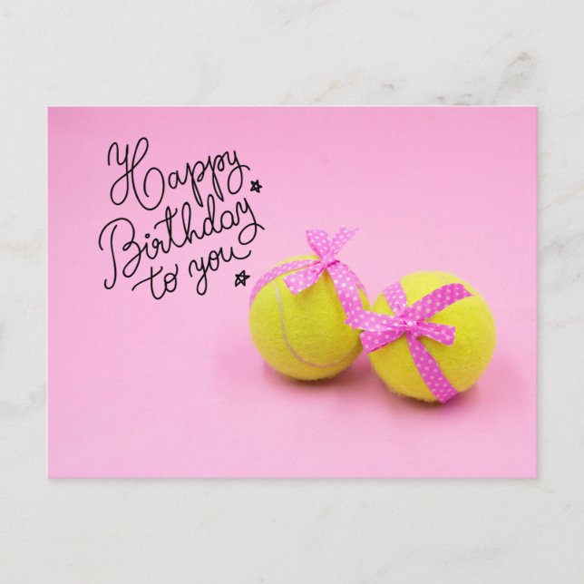 Postal Tenis Feliz Cumpleaños con pelota y raqueta rosa (Anverso)