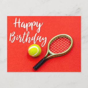 Postal Tenis Feliz cumpleaños con raqueta y pelota en roj