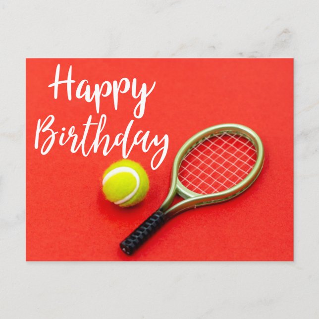 Postal Tenis Feliz cumpleaños con raqueta y pelota en roj (Anverso)