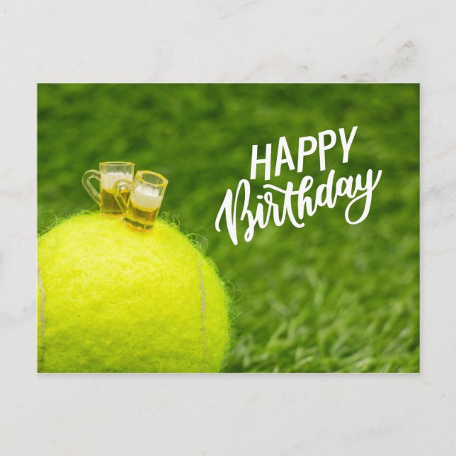Postal Tenis Feliz Cumpleaños Pelota de tenis con cerveza (Anverso)