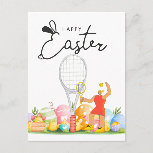 Postal Tenis Feliz Pascua al jugador de tenis con huevos (Anverso)
