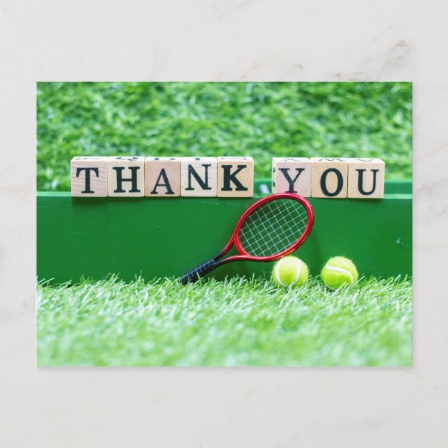 Postal Tenis Gracias a la palabra de madera con raqueta y (Anverso)