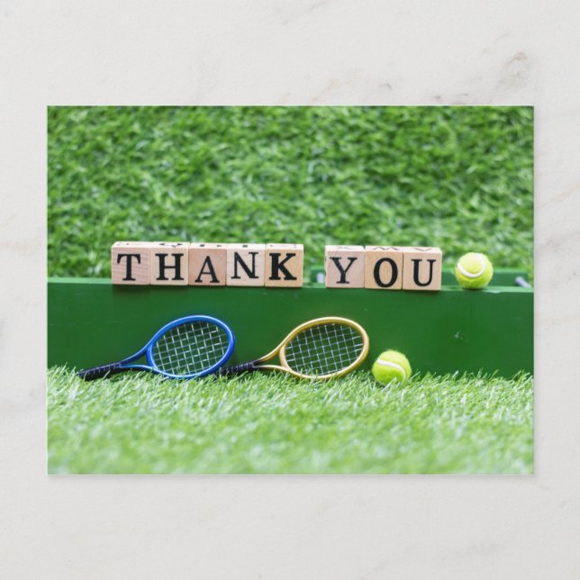 Postal Tenis Gracias a la palabra de madera con raqueta y (Anverso)