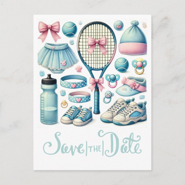 Postal Tennis Baby Shower para Baby Boy con temática azul (Anverso)