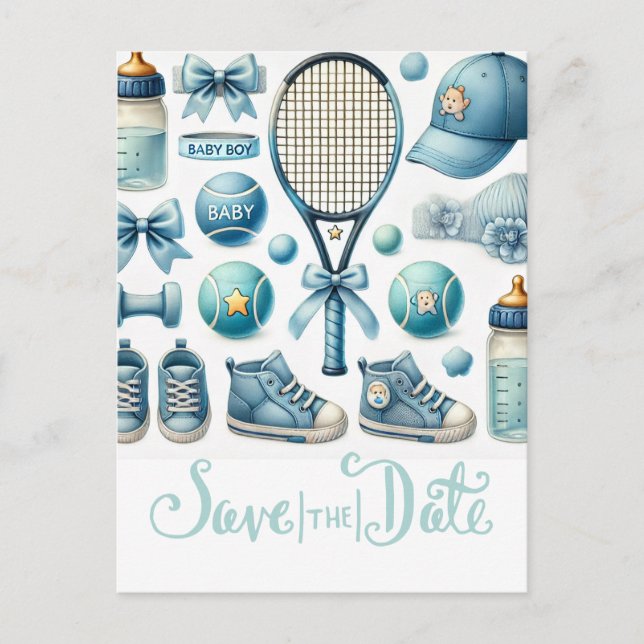 Postal Tennis Baby Shower para Baby Boy con temática azul (Anverso)