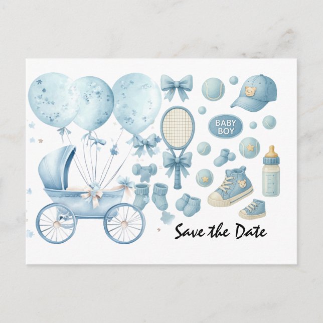 Postal Tennis Baby Shower para Baby Boy con temática azul (Anverso)