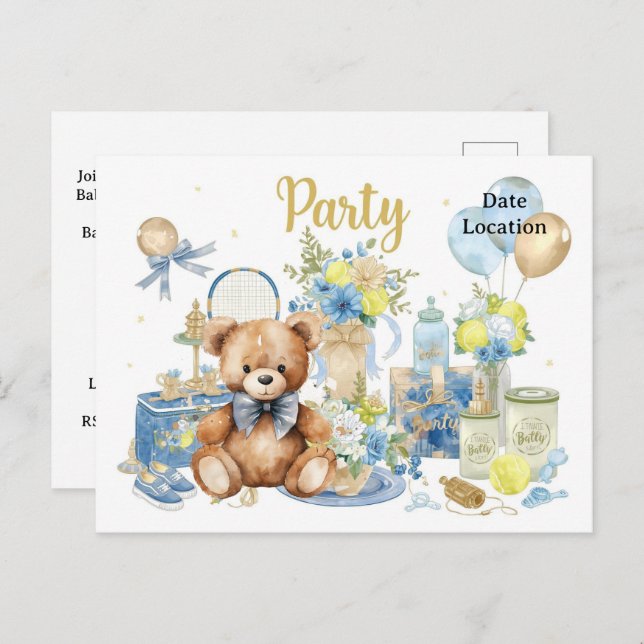 Postal Tennis Baby Shower para Baby Boy con temática azul (Anverso / Reverso)