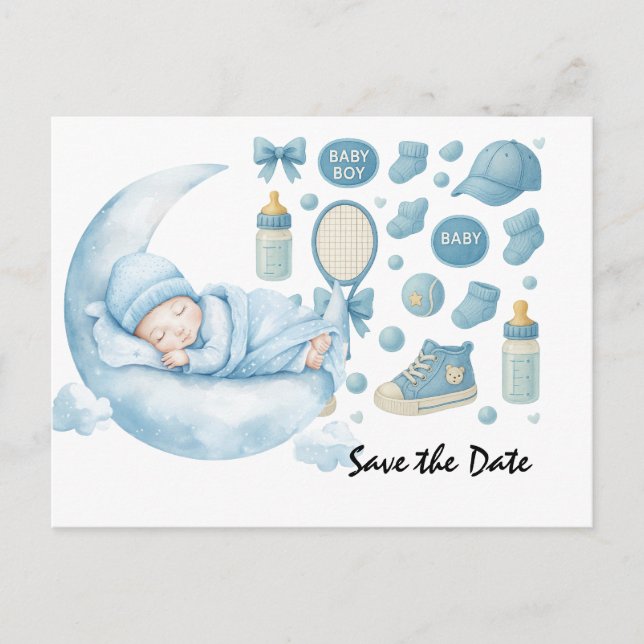 Postal Tennis Baby Shower para Baby Boy con temática azul (Anverso)