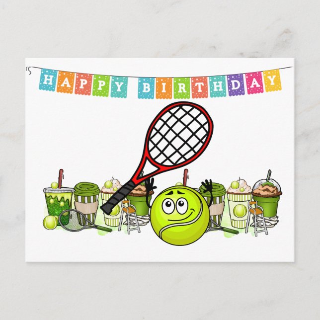 Postal Tennis Ball Face divertida con palabra Happy Birda (Anverso)