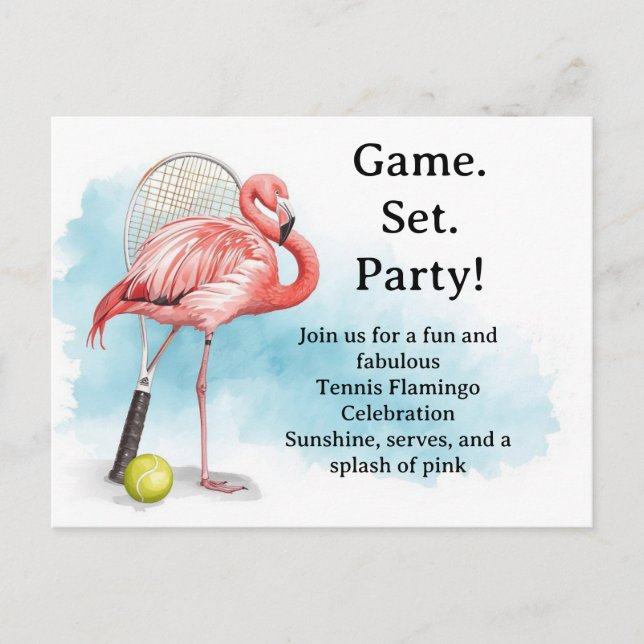 Postal Tennis  Flamingo  with racket and ball invitation  (Anverso)