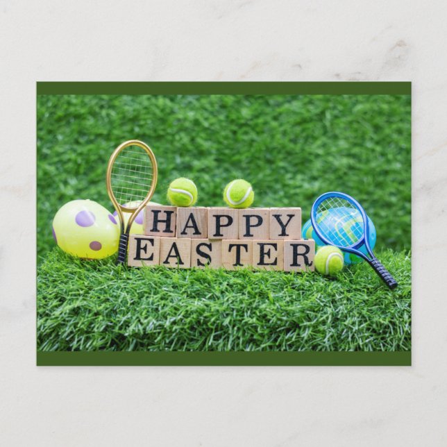 Postal Tennis Happy Easter con raqueta de bola y huevos P (Anverso)