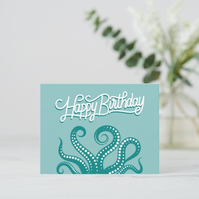 Postal Tentáculos de Pulpo Salvaje Verde Feliz Cumpleaños (Anverso de pie)