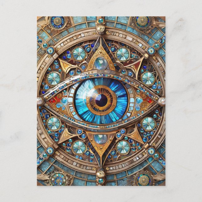 Postal Tercer Ojo - Mandala dorada azul turquesa (Anverso)