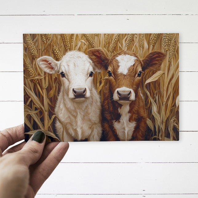 Postal Terneros de vaca lindos en campo de maíz (Postcard with two calves in a corn field, being held by a hand over a white wood surface.)