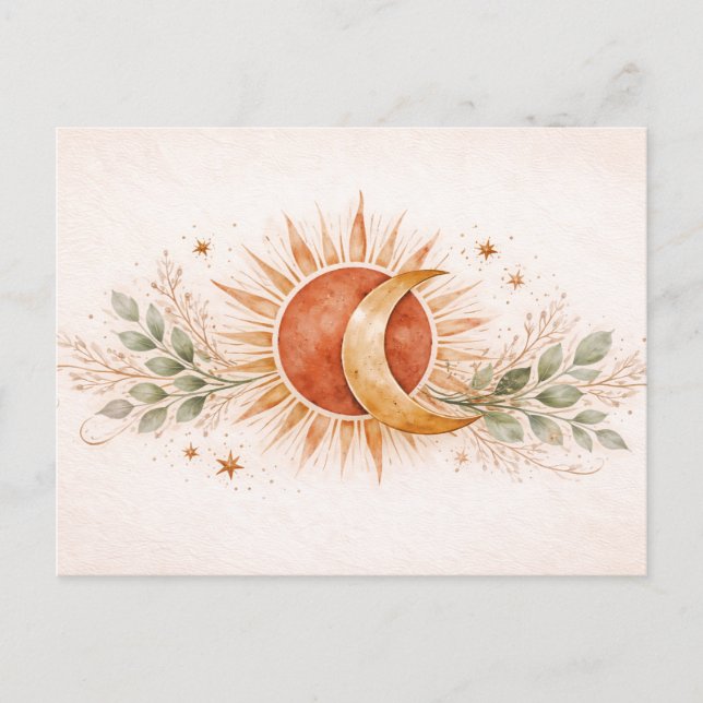 Postal Terracota Boho Celestial Sol Luna Botánico (Anverso)