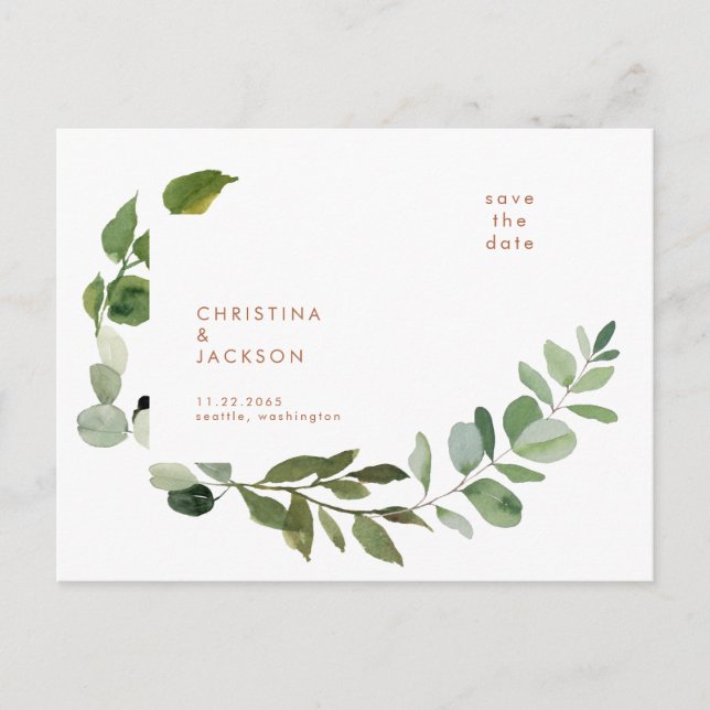 Postal Terracotta Eucalyptus Wedding Save the Date (Anverso)