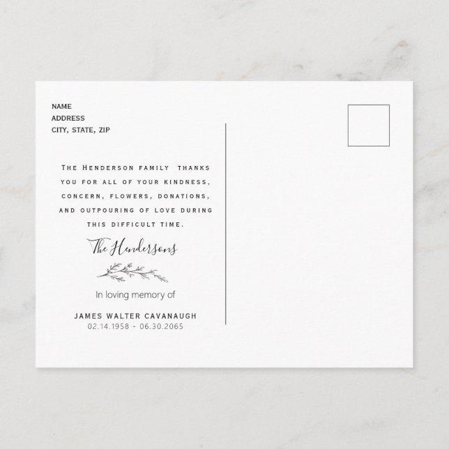 Postal Terracotta Foliage Funeral Gracias Nombre Y Fecha (Reverso)