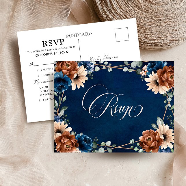 Postal Terracotta Navy Blue Greenerenery Geométrica RSVP  (Terracotta Navy Blue Greenery Geometric Wedding RSVP Postcard)