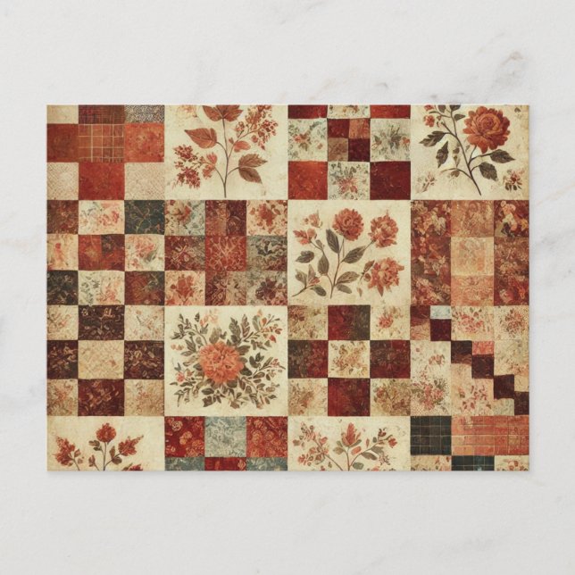 Postal Terracotta Patchwork Quilt Rustic Floral Design (Anverso)