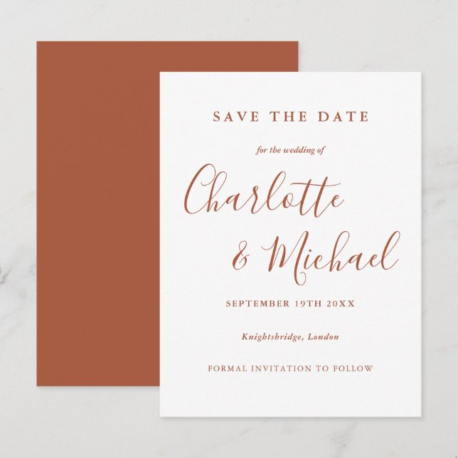 Postal Terracotta Signature Script de Boda Save the Date (Anverso / Reverso)