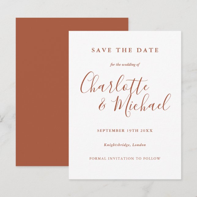 Postal Terracotta Signature Script de Boda Save the Date (Anverso / Reverso)