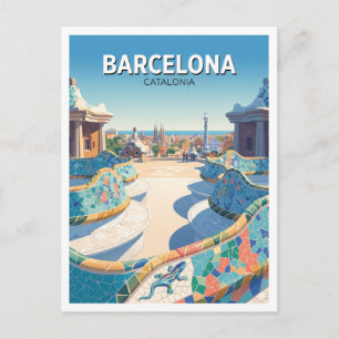 Postal Terraza de mosaico Park Güell Barcelona España Via