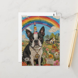 Postal Terrier de Boston Unicornio de la Paz en Flores Si