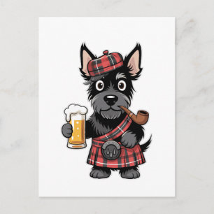 Postal Terrier escocés con kilt de tartán con cerveza y p
