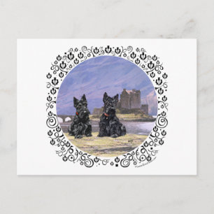 Postal Terriers escoceses en el castillo de Eilean Donan