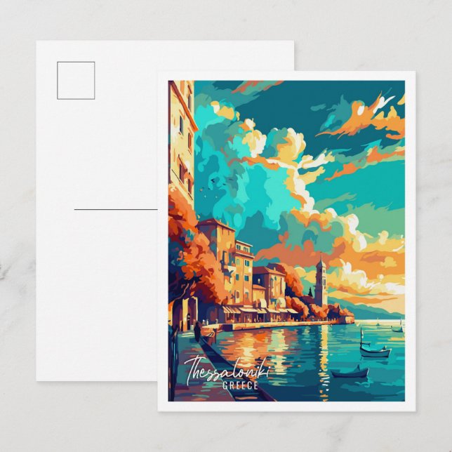 Postal Tesalónica ilustracion de viajes vintage de Grecia (Anverso / Reverso)