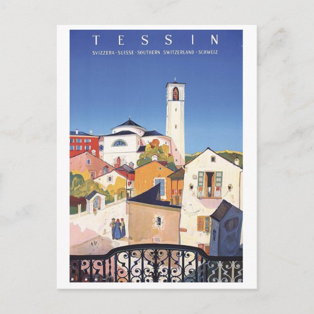 Postal Tessin, Suiza, vista sobre una ciudad, viaje vinta (Anverso)