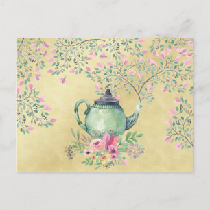 Postal Tetera acuarela elegante y oro de flores