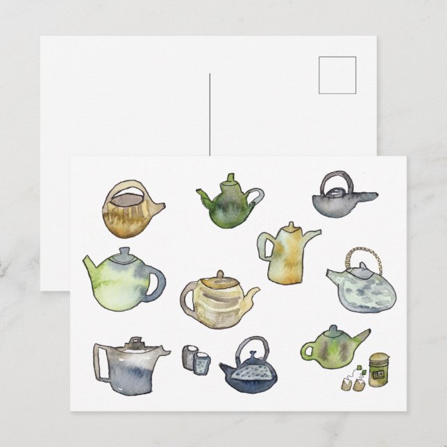 Postal Tetera de acuarela para el té de la tarde Arte pin (Anverso / Reverso)