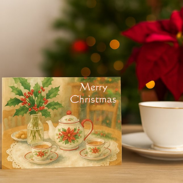 Postal Tetera de poinsettia roja de Navidad (“Country Christmas tea set postcard with poinsettia, cozy holiday table scene, warm festive charm”)