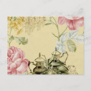 Postal Tetera Taza de Té Floral Francesa Fiesta del Té de