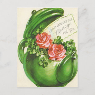 Postal Tetera Verde Rosa Trébol Día de San Patricio