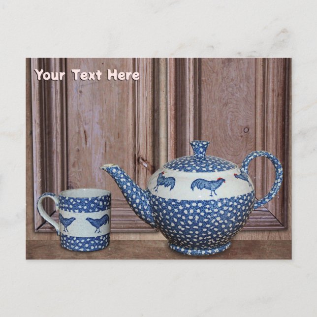 Postal Tetera y taza de aves azules (Anverso)
