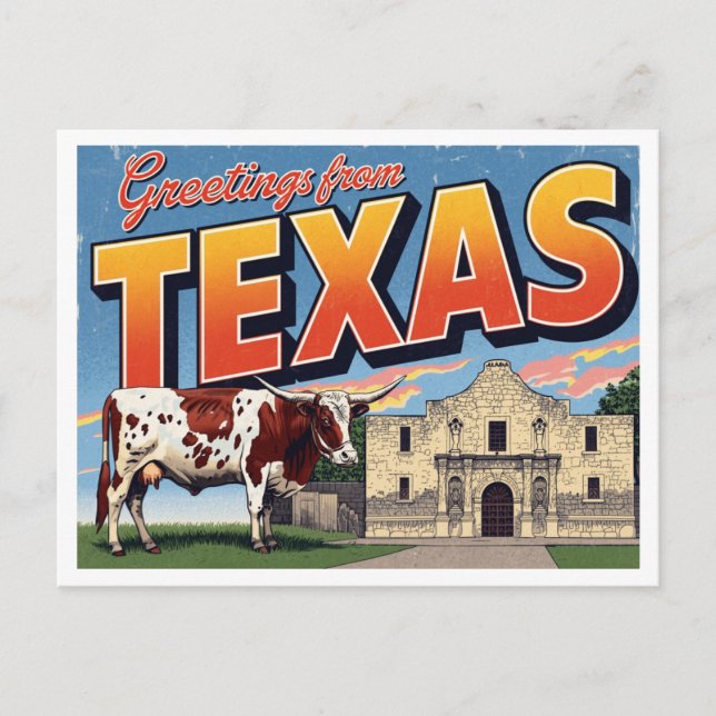 Postal Texas Alamo Longhorn Cow Greetings (Anverso)